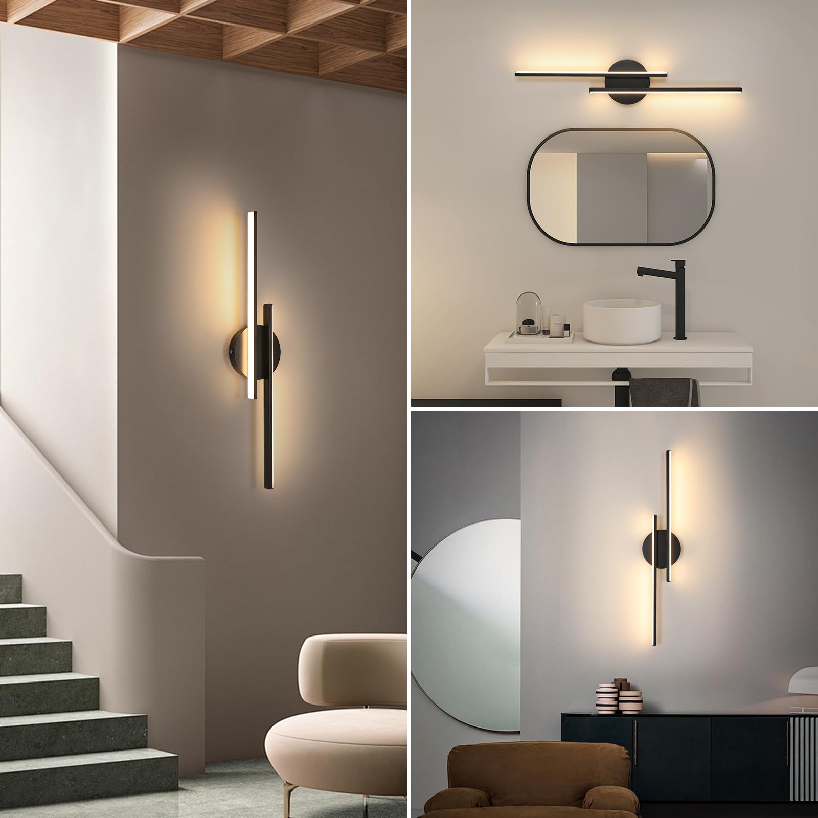 Riserva Lampa ścienna LED, 24 W, czarna, nowoczesna, 3000 K, ciepła biel, liniowe oświetlenie ścienne do salonu, kuchni, korytarza, klatki schodowej, 60 cm