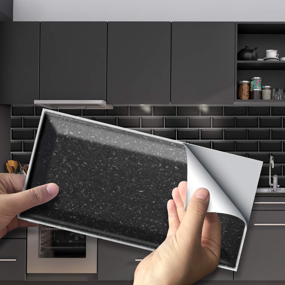Funlife Black Terrazzo 27Pcs Black Tile Stickers Peel And Stick Self-Adhesive Vinyl Splashback Kitchen Decor 20X10cm
