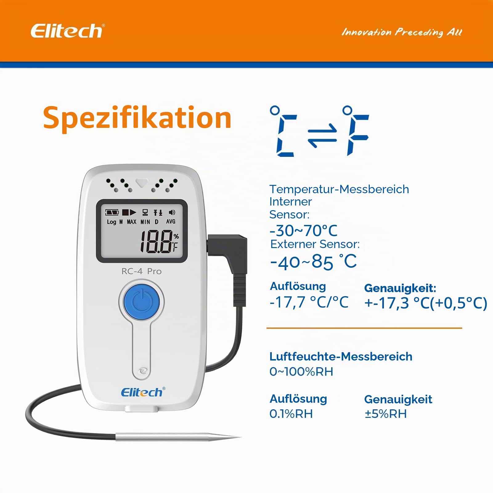 Elitech RC-4Pro Wiederverwendbarer Temperaturdatenlogger, -40~85°C, USB-Datenlogger für PDF & CSV, 64000 Datensätze, mit kostenloser Software & Akustischem Alarm, für Temperaturüberwachung im Labor