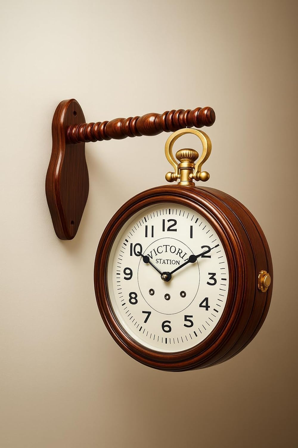 Vintage Double-Sided Wall Clock — Retro Station Hanging Wall Clock, Decore Item Analog Wall Clock with Wooden Finish & Golden-Antique Hook for Living Room, Hallway, Cafe & Home Décor (Brass Antique)-image-24