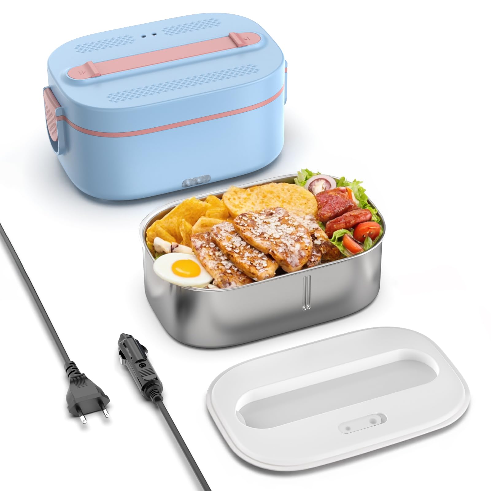 Scaldavivande Elettrico Portatile 80W, 1,5L Porta Pranzo Riscaldabile In Acciaio Inox, 3 in 1 Lunch Box Elettrico Portatile Scaldavivande, per Auto Camion e Ufficio 12V/24V/220V, Borse A7-D