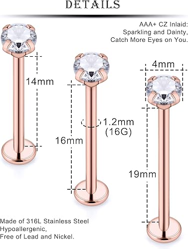 Miniatura 5 de Kridzisw - Piercing para lengua, acero inoxidable 316L, 0.56oz, circonita cúbica transparente, 0.157in, incrustada, 0.551in a 0.748in, longitud de