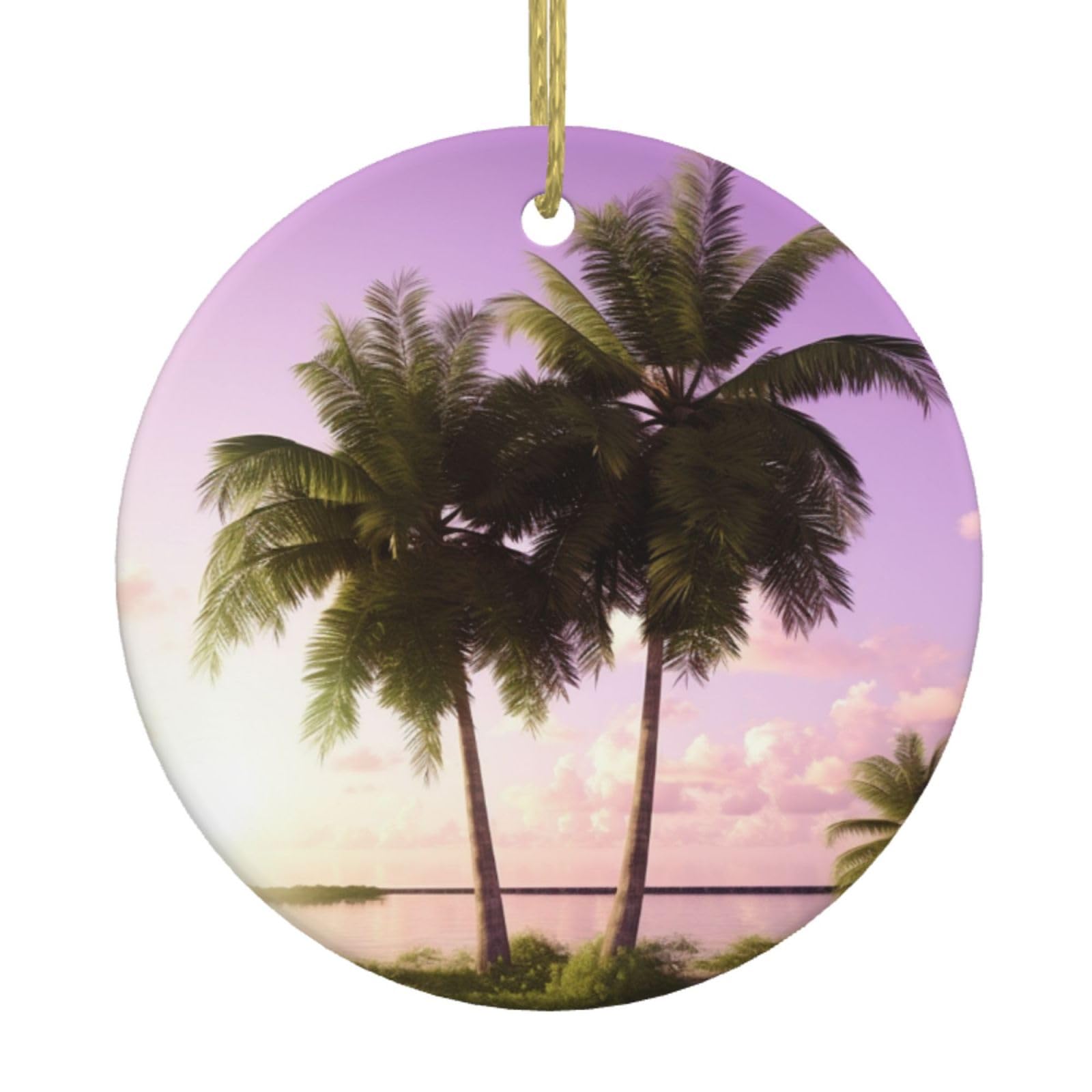Tropical tree Christmas Ornament Round Ceramic Hanging Ornaments for Christmas Tree Holidays Ornaments with Gold Rope Hanging Porcelain Pendants for Party Xmas Decoration