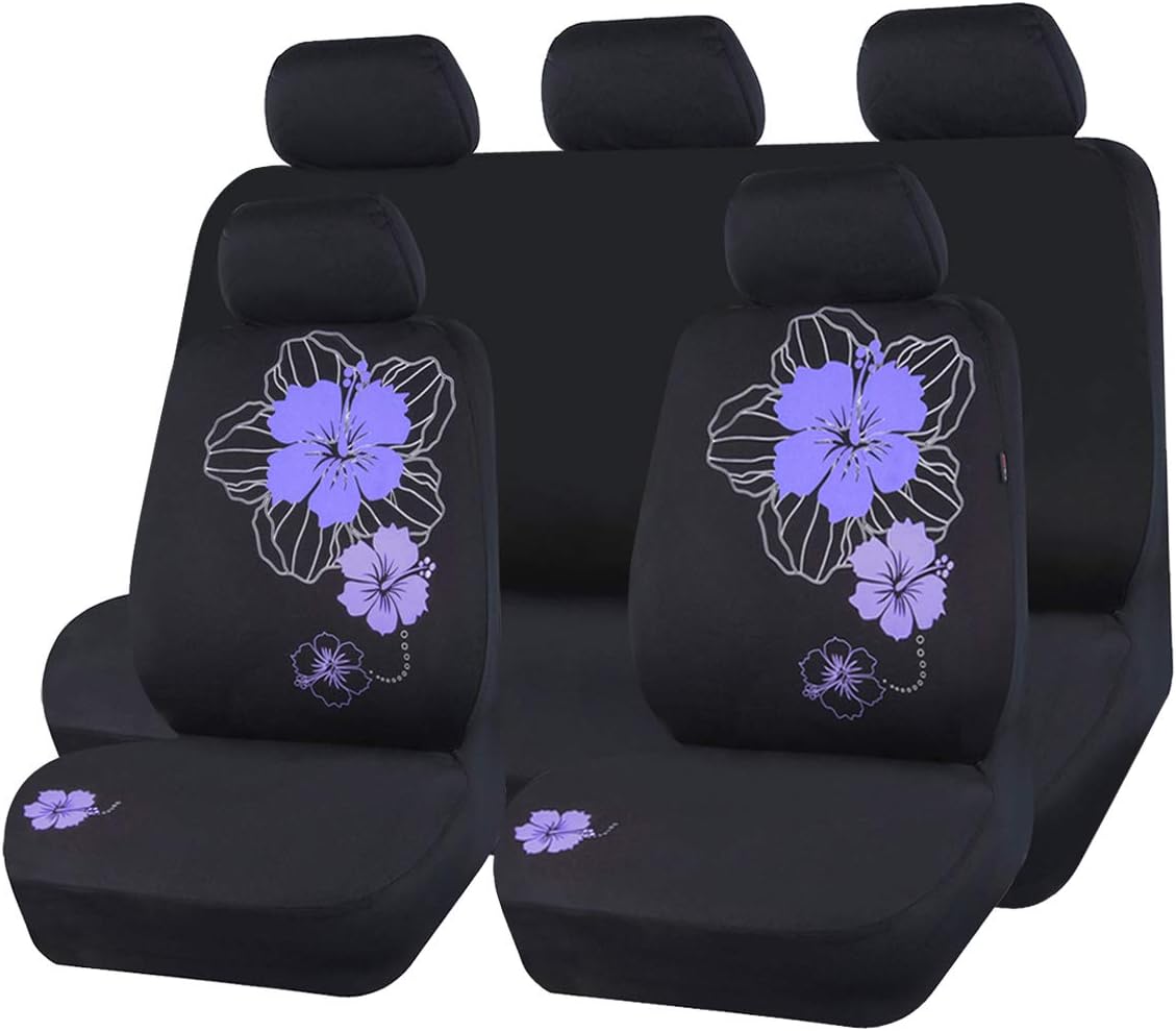 CAR PASS Universal Hibiscus Flower Car Seat Covers, Cute Purple Flower Seat Covers Full Set with Airbag Compatible Fit Sedans,Cars,Vans,Suitable for Women & Girly (Black and Purple)