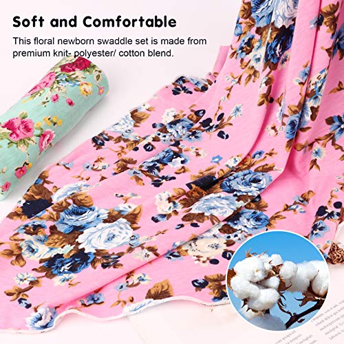 Image of DRESHOW BQUBO Newborn Receiving Blanket with Bow Hat Set Flower Print Baby Swaddle Blanket with Beanie Nursery Swaddle Wrap