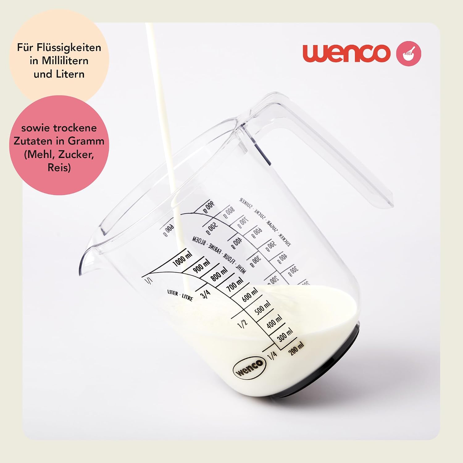 wenco Premium Plastic Measuring Cup, 1 Litre Capacity, Scale for ml, L, Sugar and Flour, Dishwasher Safe, Transparent image 3