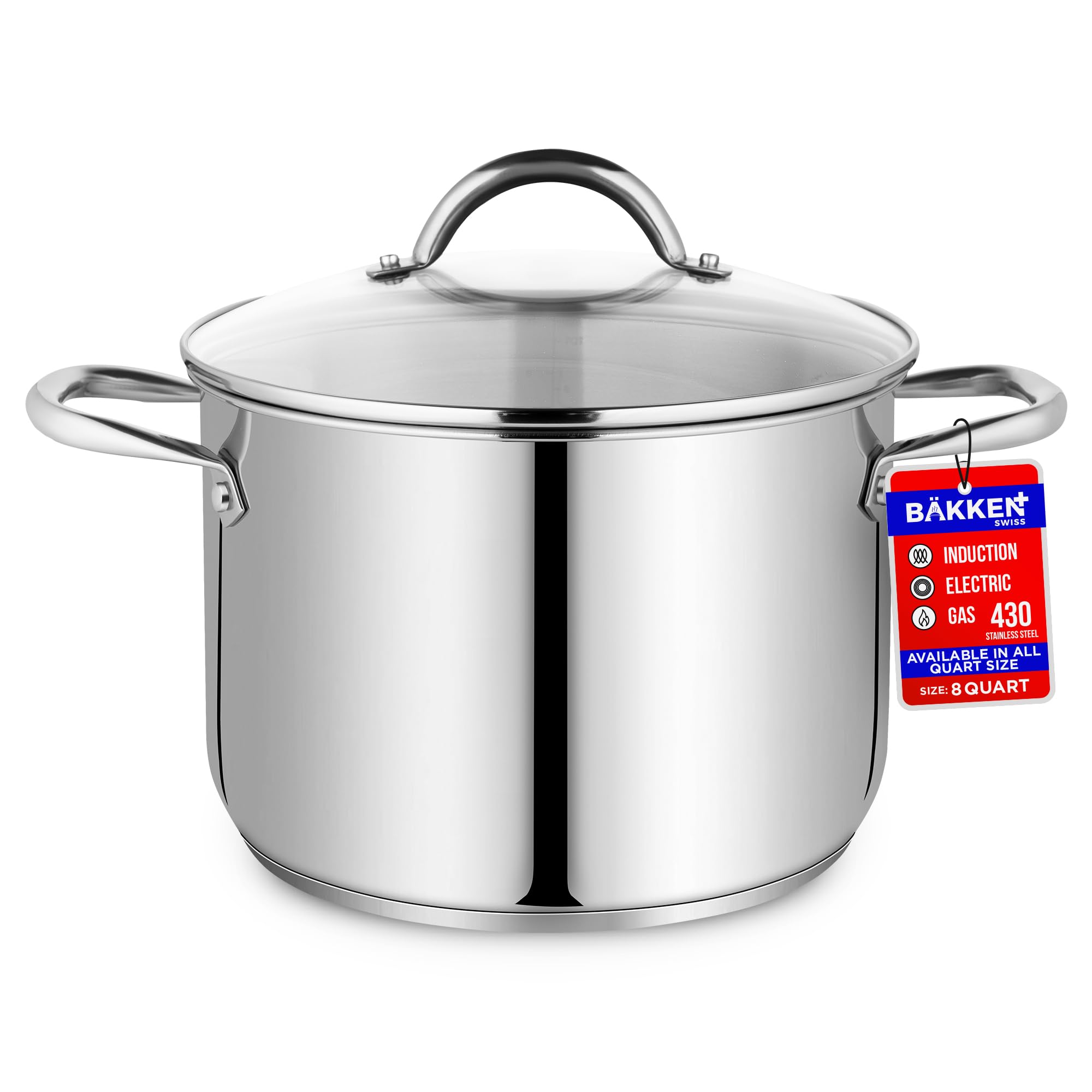 Bakken-Swiss Deluxe 8-Quart Stainless Steel Stockpot w/Tempered Glass See-Through Lid - Simmering Delicious Soups Stews & Induction Cooking - Exceptional Heat Distribution - Heavy-Duty & Food-Grade