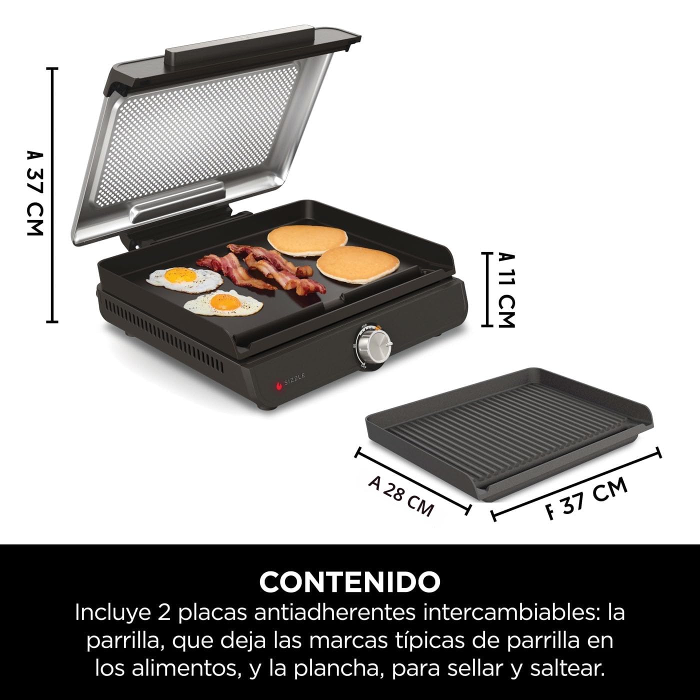Ninja Sizzle Parrilla y Plancha de Interior Eléctrica, Gris, GR101EU | Dos Placas Intercambiables Antiadherentes, Aptas para Lavavajillas, Bandeja para Grasa, Control de Temperatura y Recetas
