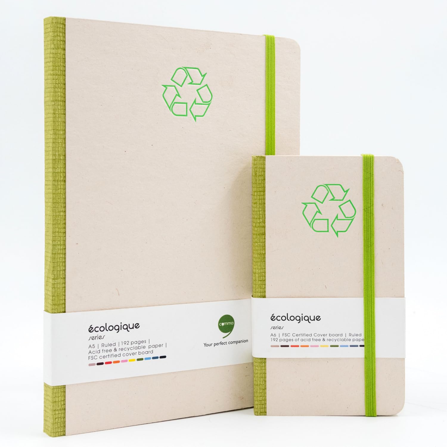 COMMA | Ecologique Notebook Combo | A5 Size & A6 Pocket Size | Eco-friendly Hard Bound Notebook with Elastic Band Closure | 192 Pages | 80gsm Natural Shade Paper | Recycled Cover Board – Green