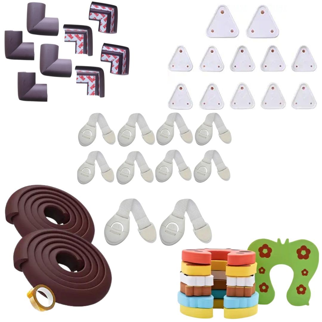 nexbie baby safety kit - 4 meters edge guard + 8 corner guards + 6 c-shape door stoppers + 12 socket guards + 10 child safety locks for drawers, cabintes etc., all-in-one baby proofing products