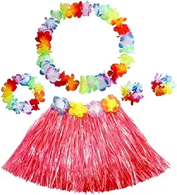 Kit Fantasia Saia Havaiana 40 cm Pulseira Tiara Colar Festas Carnaval