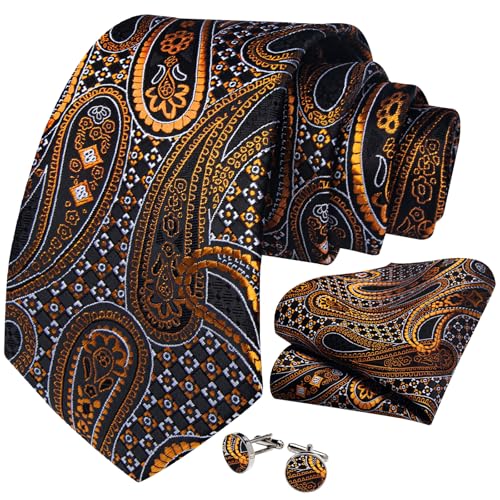 Image of DiBanGu Mens Paisley Tie Set Silk Woven Jacquard Necktie and Pocket Square Cufflinks Gift Set for Wedding Bussiness
