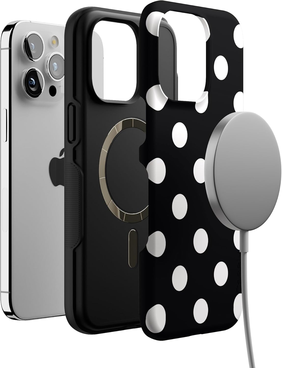 Casely iPhone 15 Pro Case | High Contrast | Black Polka Dot | Bold Protective Design | Compatible with MagSafe