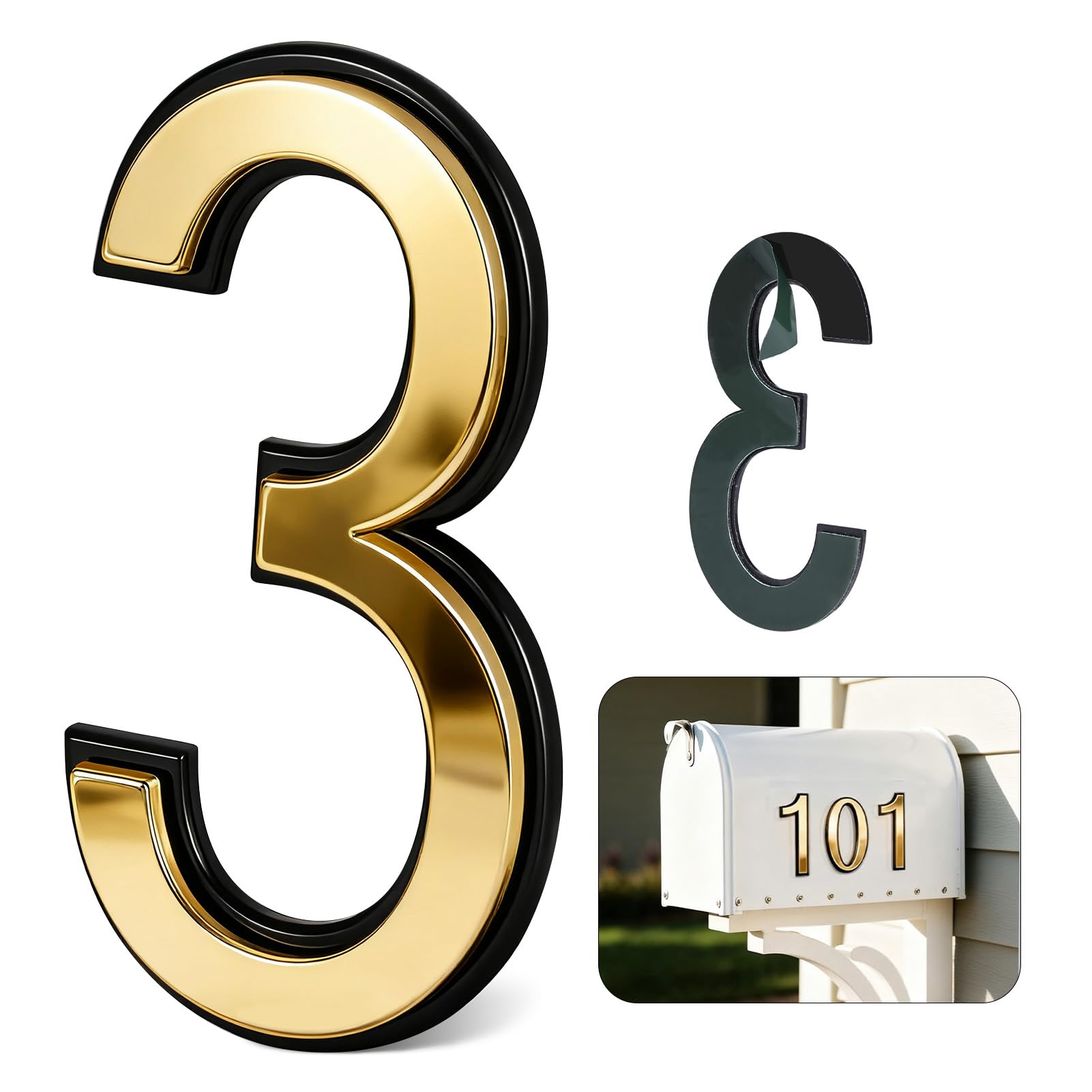 4 Inch Gold House Numbers for Outside, VONDERSO Self-Adhesive Mailbox Numbers with Exclusive Electroplated Finish and Durable ABS Base, for House Plaques, Mailbox, Yard, Garage – Plaque Number ‘3’