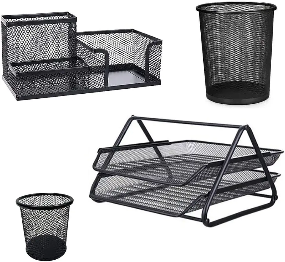 Kit Escritorio Organizador 4 Itens Bandeja Lixeira Porta Lapis Documento Trabalho Empresa Escrivaninha Mesa Home Office Organizaçao