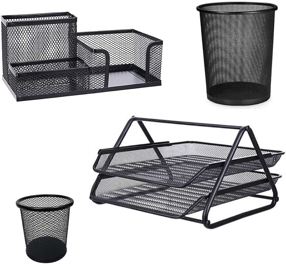 Kit Escritorio Organizador 4 Itens Bandeja Lixeira Porta Lapis Documento Trabalho Empresa Escrivaninha Mesa Home Office Organizaçao