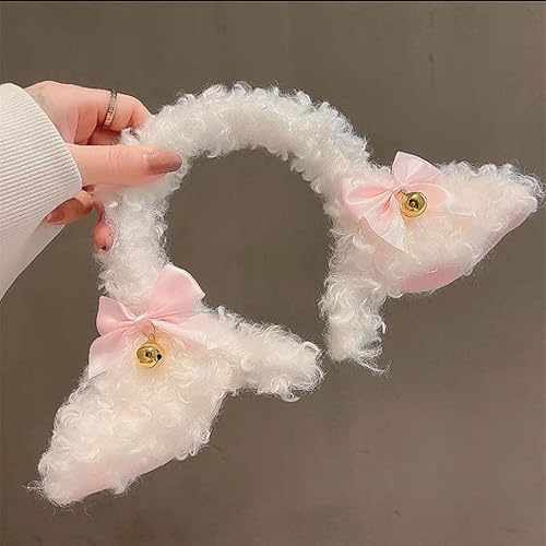 Miniatura 3 de Banda de pelo con orejas de cordero, nudo de lazo, campana, adorno decorativo para el cabello, peluche femenino de dibujos animados, diadema de