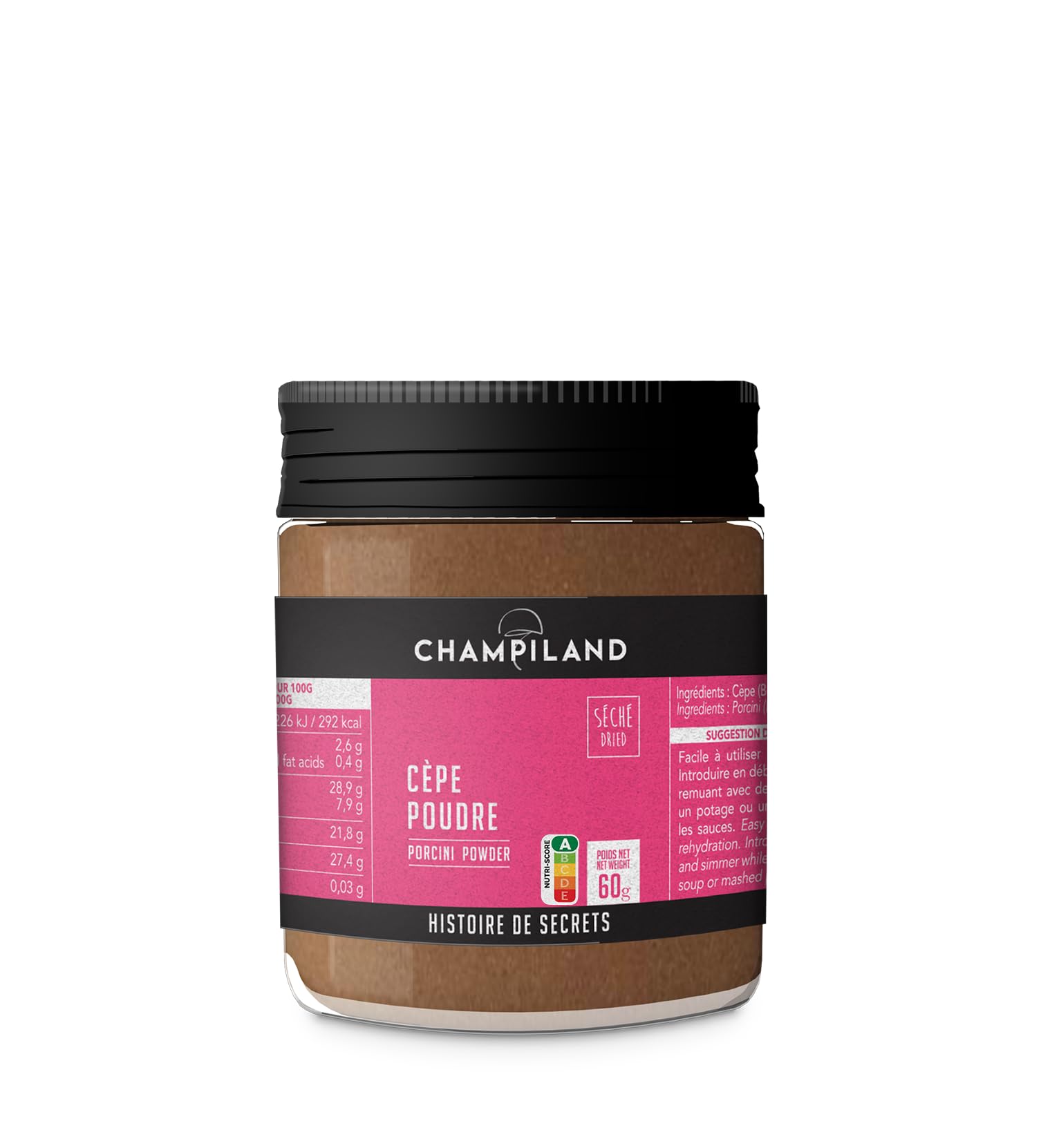 CHAMPILAND - Cèpe séchés poudre - Champignons Sylvestres Sélectionnés, et Triés à la Main- Saveur Exceptionnelle - Champignons Riches en Protéines et source de fibres - Pot de 60 g