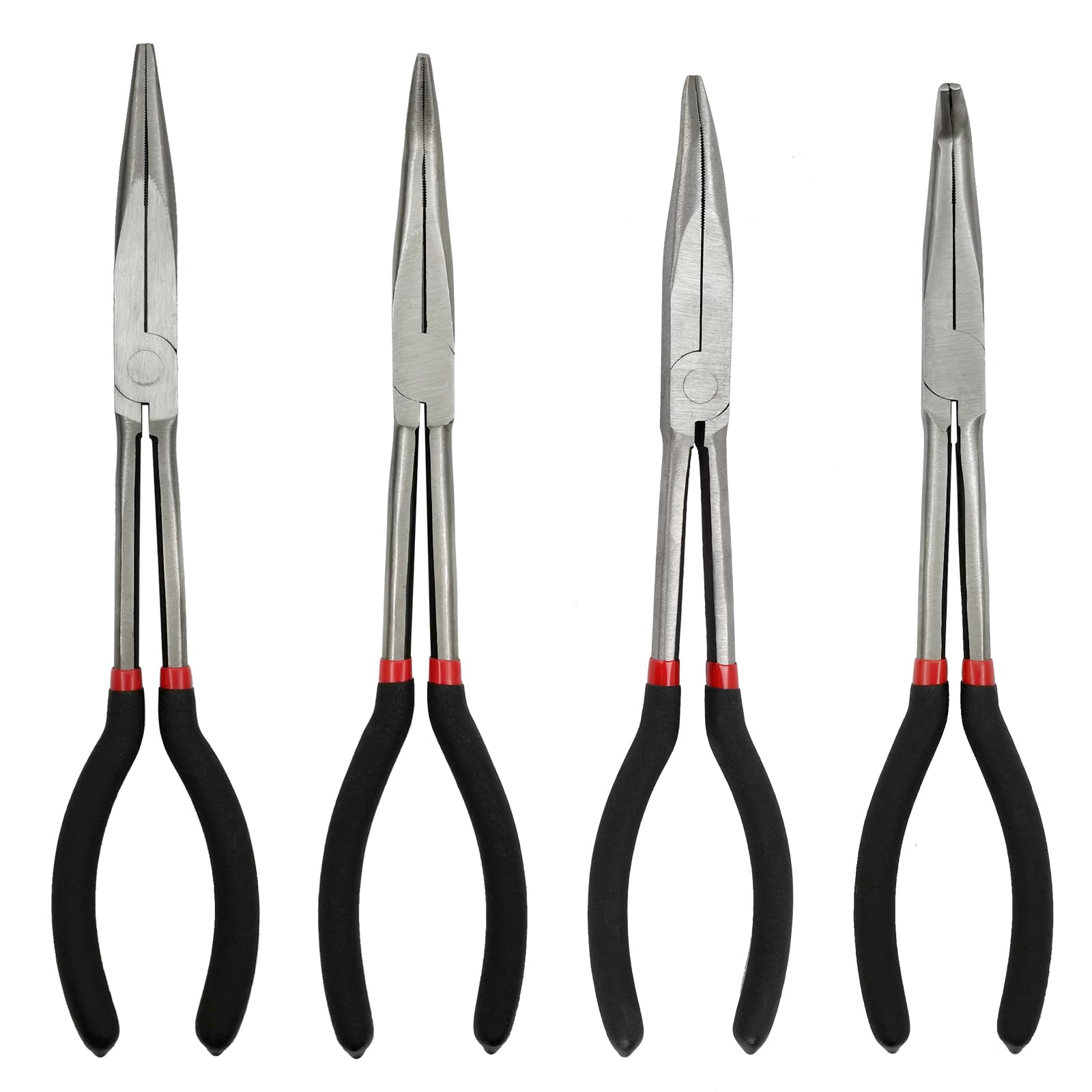 MFBJXC 4-Piece 11" Precision Long Nose Pliers Set with Insulated Comfort Grip Handles,Straight Long Needle Nose Pliers,25/45/90 Degree Angle Curved