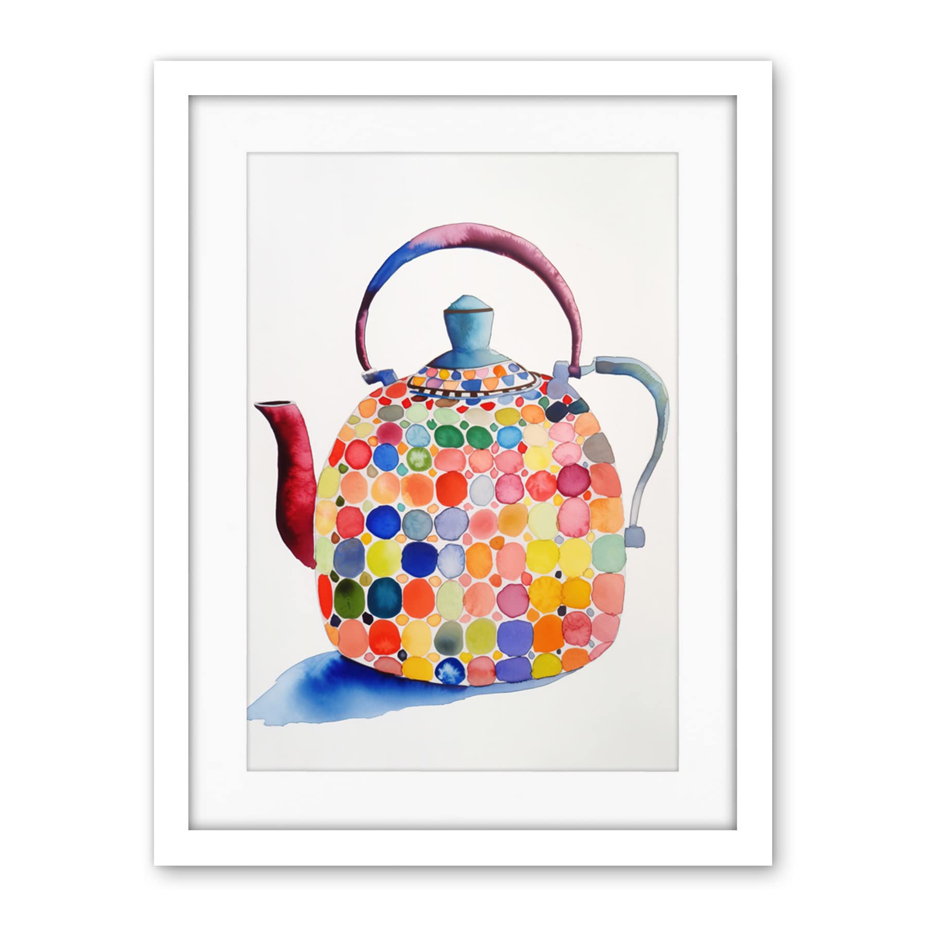 Artery8 Colourful Enamelled Teapot Tea Kettle Folk Art Watercolour Painting Artwork Framed Wall Art Print 18X24 Inch