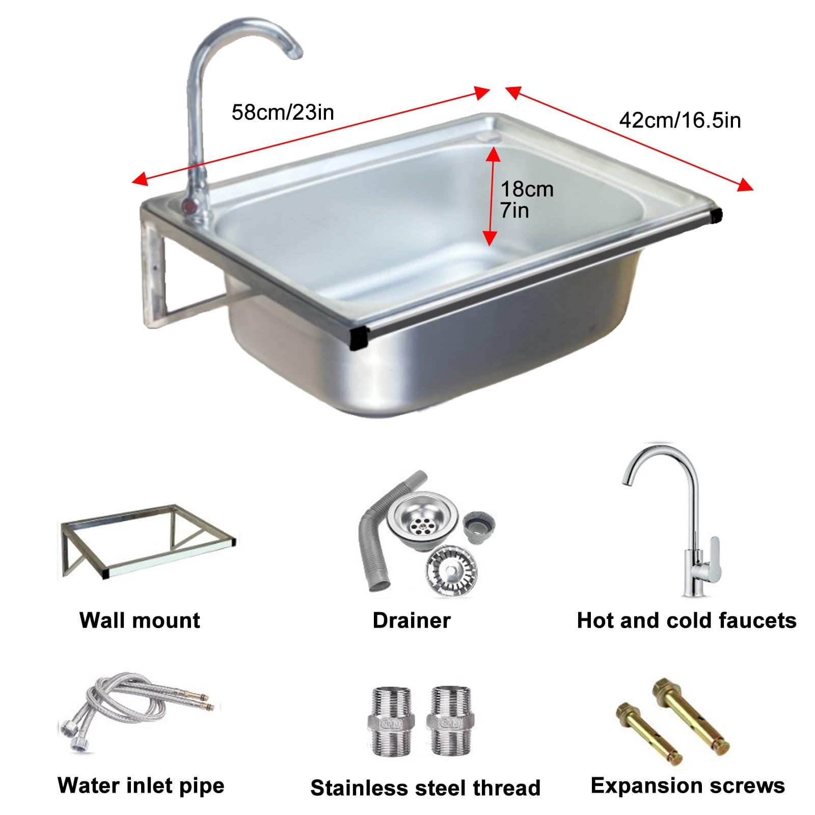 Évier Utilitaire Commercial avec Robinet col de Cygne et kit de vidange, cuve Murale en Acier Inoxydable pour Garage, hôtel, buanderie, Lavage des Mains