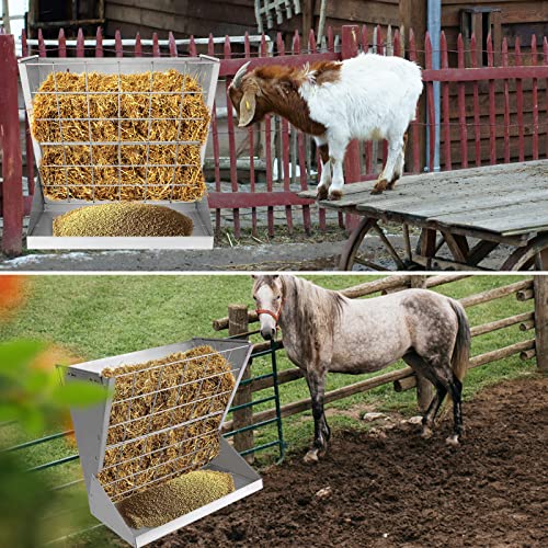 BREUAILY Großes Heuraufe für Schafe und Ziegen 2 In 1 Hay & Grain/Salt Feeder Hängende Futterraufe Schafe mit Futterspargitter und Verstellbaren Haken für Verschiedene Ställe und Korral (Silber)