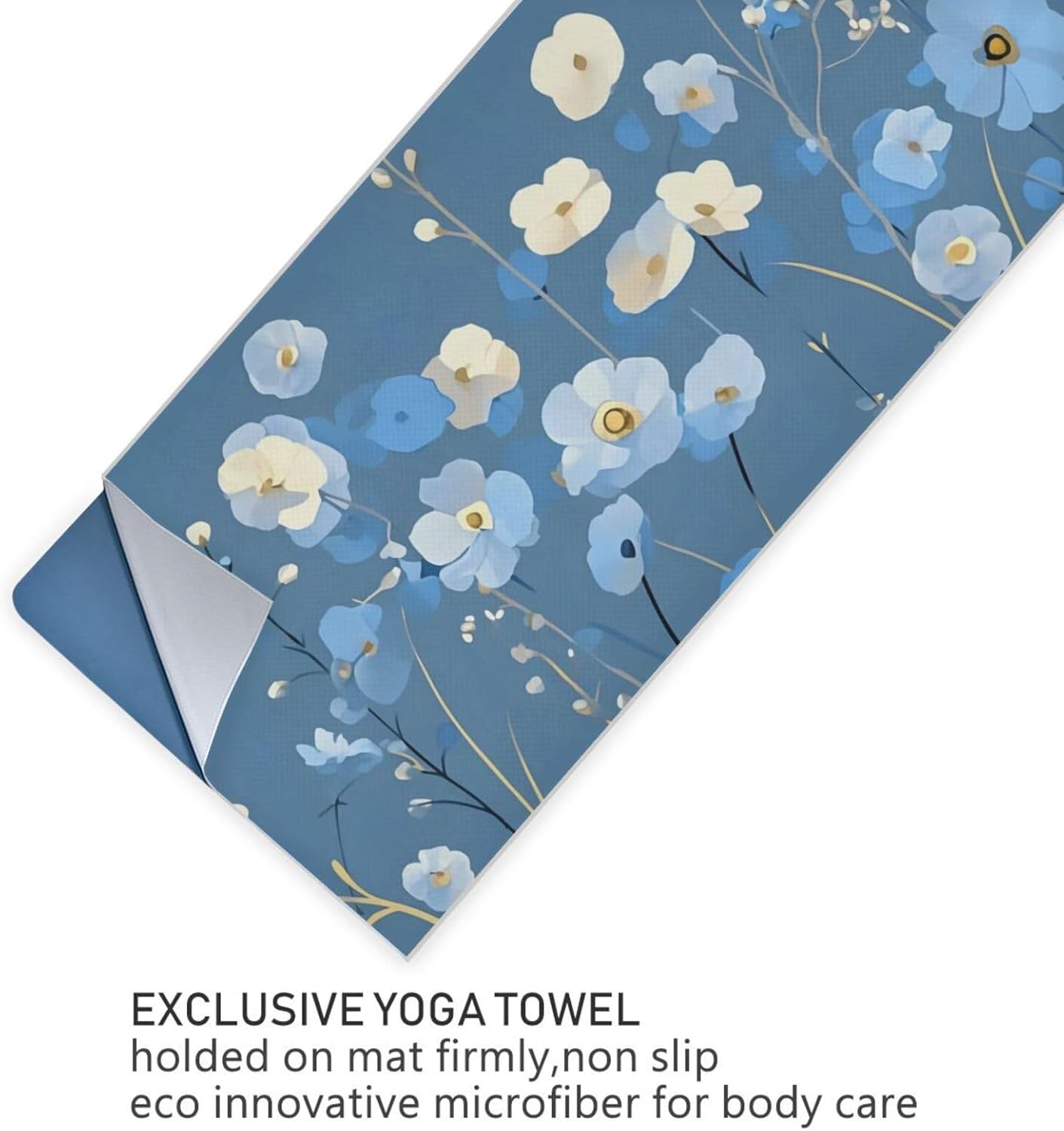 Florals White Blue Yoga Mat Towel with Silicone Grip Dot – 73"x27" Non-Slip Sweat Absorbent Microfiber Yoga Towel for Home Gym Studio