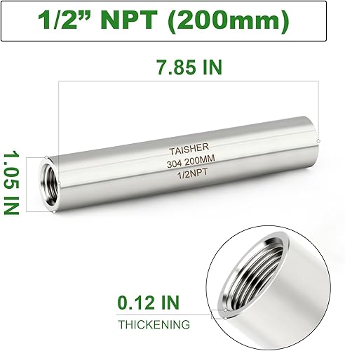 Miniatura 428 de TAISHER 2 accesorios de tubería de acero inoxidable, 1/2 "NPT x 1/2" NPT macho roscado, tubo fundido de pezón de 6 pulgadas de longitud 1.969 in