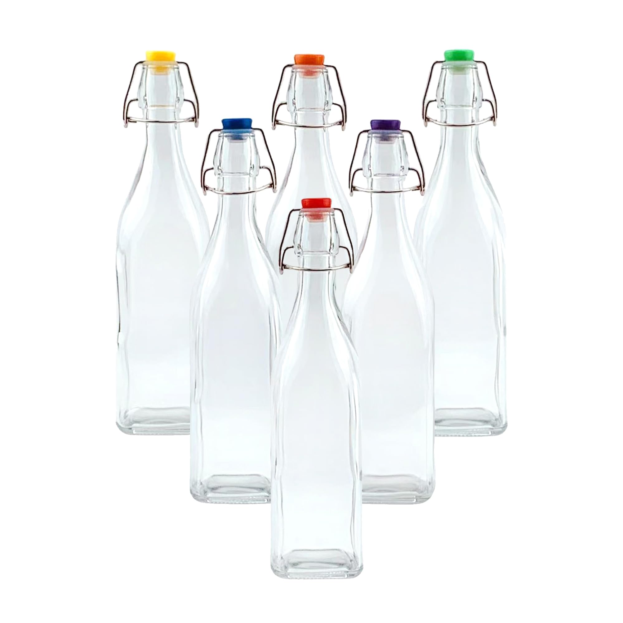 Simpa Clear Vintage Style Glass Bottles With Assorted Colour Swing Top Lids. Square 750Ml Bottles - Set Of 6