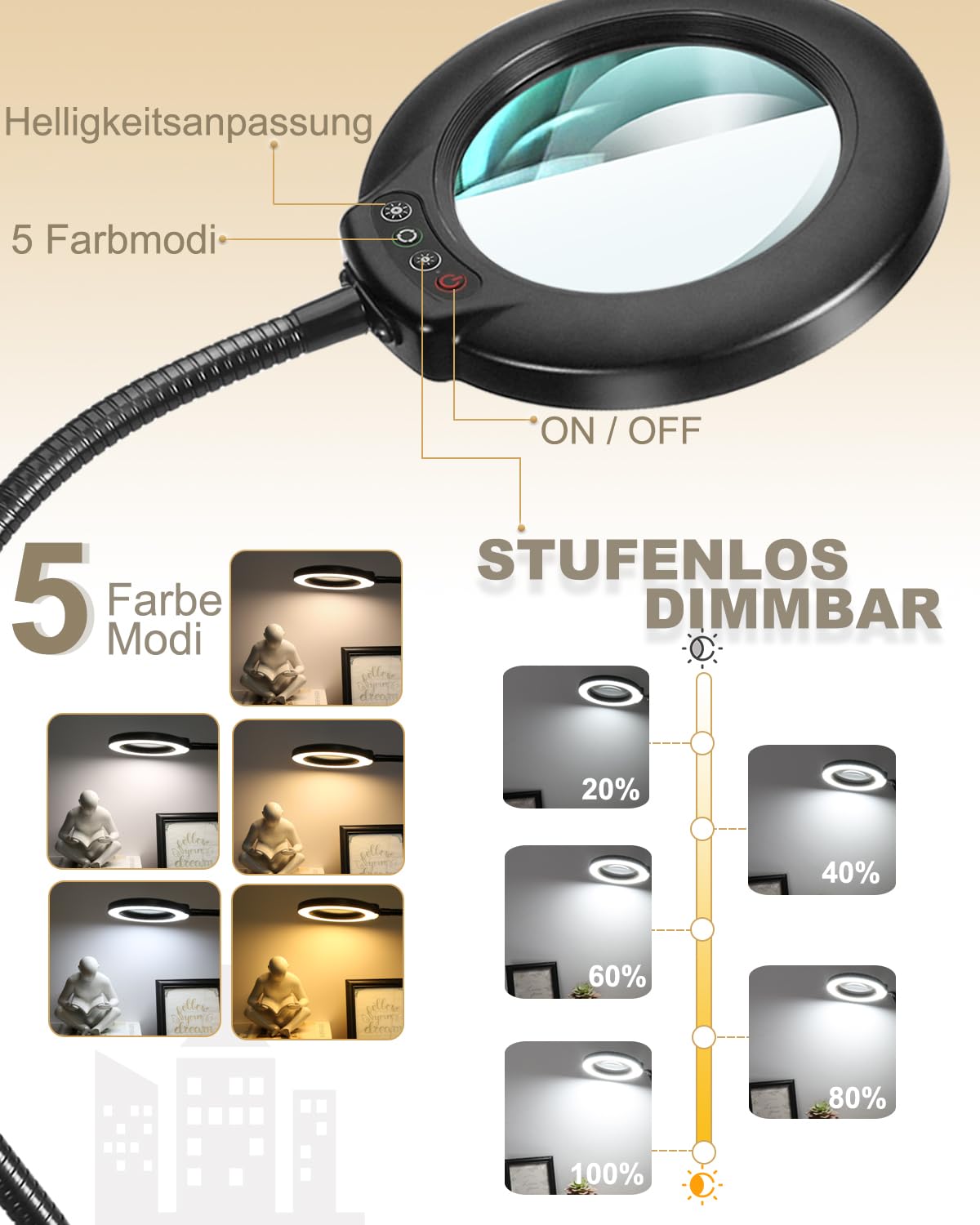 Veemagni 12X Lupe mit Licht und Standfuß, Groß 16,5 Zoll Flexibler Schwanenhals, stufenlos dimmbare LED-Schreibtischlampe mit 5 Farbmodi, freihändige Lupe für Basteln, Hobbys, Nähen, Schwarz