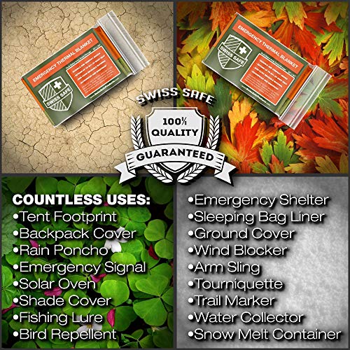 Swiss Safe 4 Pack Mylar Emergency Blankets for Survival - Compact & Insulated for Cold Weather - Designed for NASA, Outdoor, Running, Camping, Survival, First Aid Car Kit - Orange & Green, 4 Pack