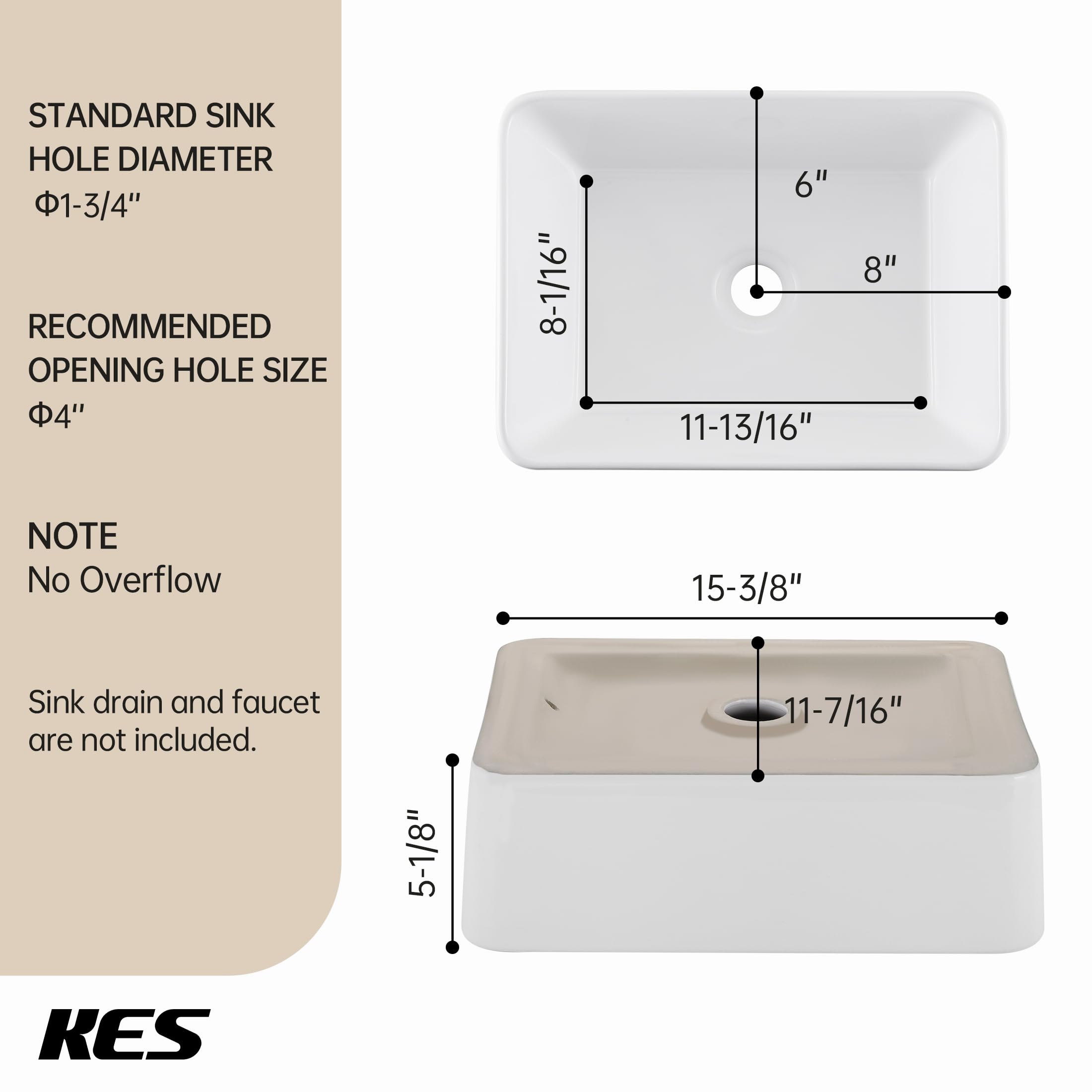 BVS110S40 - Fregadero rectangular de cerámica de porcelana de 16 x 12 pulgadas para encimera de baño, fregadero de baño sobre encimera, fregadero rectangular de cerámica de porcelana 6