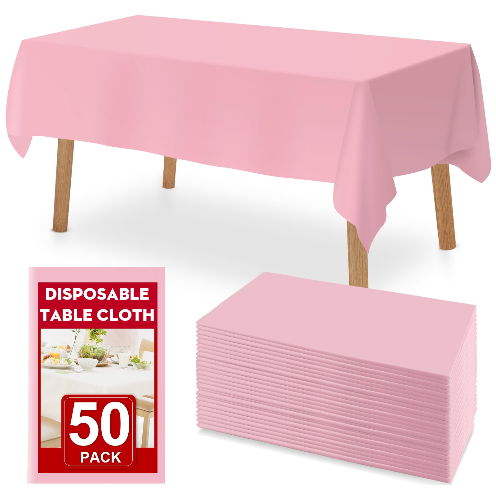 RowinsyDD 50 tovaglie usa e getta in plastica rosa 137,2 x 274,3 cm per tavoli rettangolari, tovaglie usa e getta per sala da pranzo, feste, barbecue, matrimoni, esterni, 50 pezzi