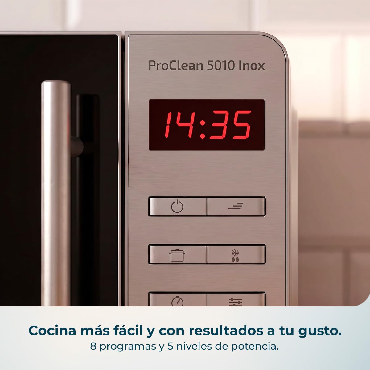 Cecotec Microondas Proclean 5010 Inox Wave. 700 W, Capacidad de 20 L, Revestimiento Ready2Clean, 5 Niveles Funcionamiento, 8 Programas, Tecnología 3DWave, Temporizador, Diseño Frontal y Tirador Inox
