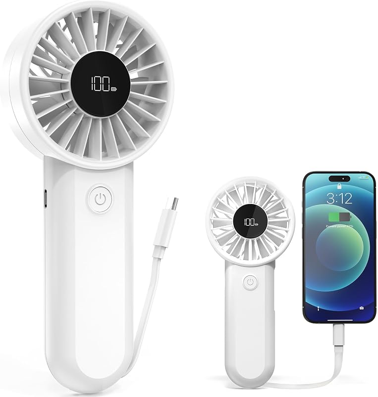 AMACOOL Handheld Fan Rechargeable, Built-in Type-C Cable, 5-Speed Personal Fan with LED Display, Max 12H Runtime, Portable Fans for Travel Outdoor Cruise Makeup, Gifts for Women Stylish Girl (White)