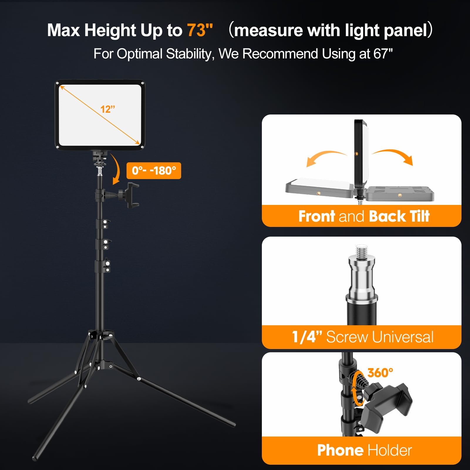 EMART - Juego de 2 luces de video LED, luz de estudio con soporte para teléfono y puerta de granero, iluminación de fotografía regulable de 2800-7000 K para grabación de video, trípode de 60 pulgadas