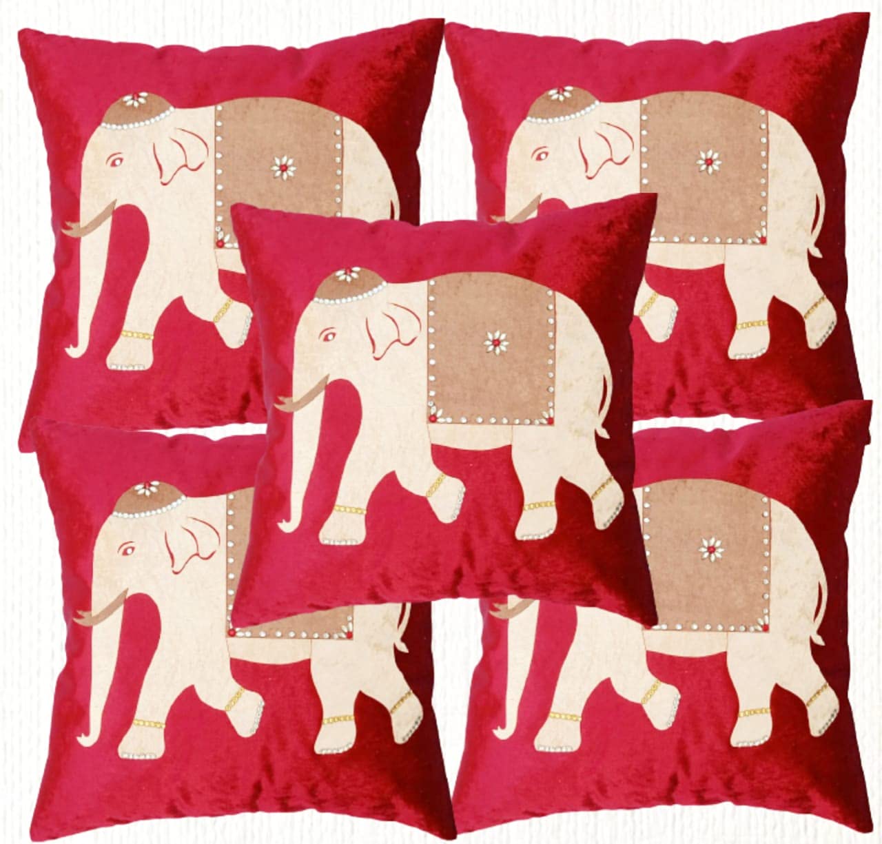 Elephant Patchwork Cushion with Swarovski Work 16" X 16" Set of 5 pcs (Red)
