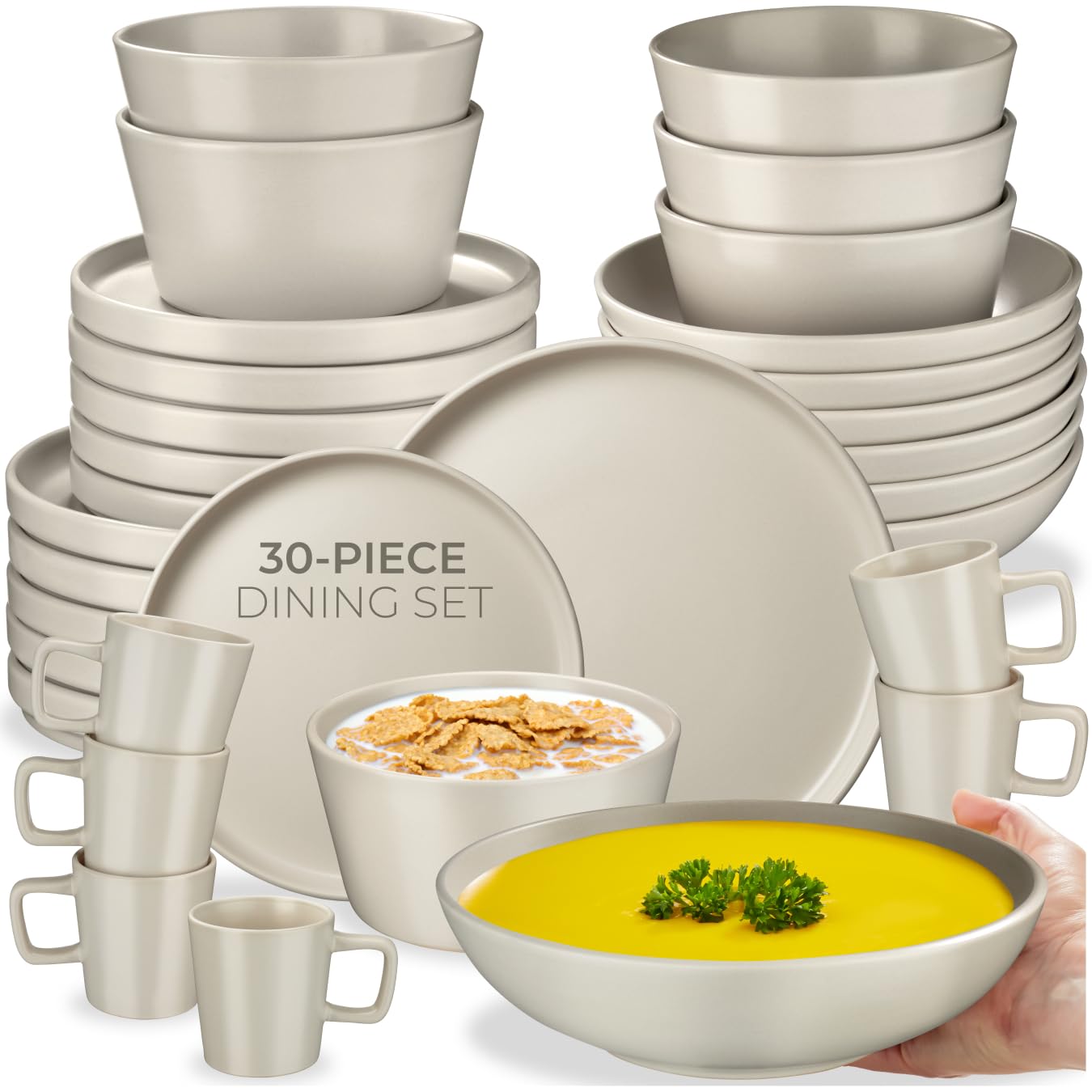 30-Piece Stoneware Dinner Set for 6 People, Durable Glazed Stoneware Mugs, Dinner Plates and Bowls, Microwave- and Dishwasher-Safe Plate Set - Modern Tableware for Versatile Use - Taupe