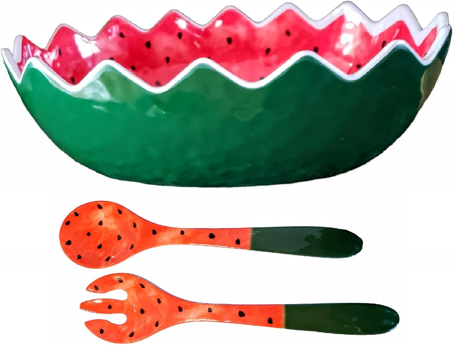 Generic Melamine Plastic Watermelon Salad Serving Bowl Set - Light Weight - 14 x 10 x 4.25 With Serving Spoon and Fork, Large