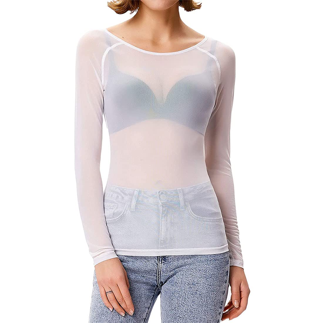 Fairy Trendz Ltd Women's White Long Sleeve Sheer Mesh Top Round Neck See Through Summer Shirt Top ( Uk 20-22)