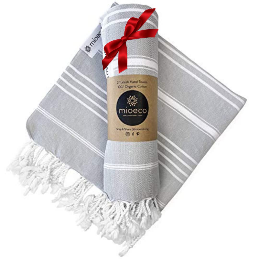 MioecoOrganic Cotton Turkish Hand Towel - 20" x 38" Large Classic Luxury Set of 2 - Decorative Hand Towels for Bathroom, Kitchen & Home - Super Absorbent & Quick Drying, Prewashed