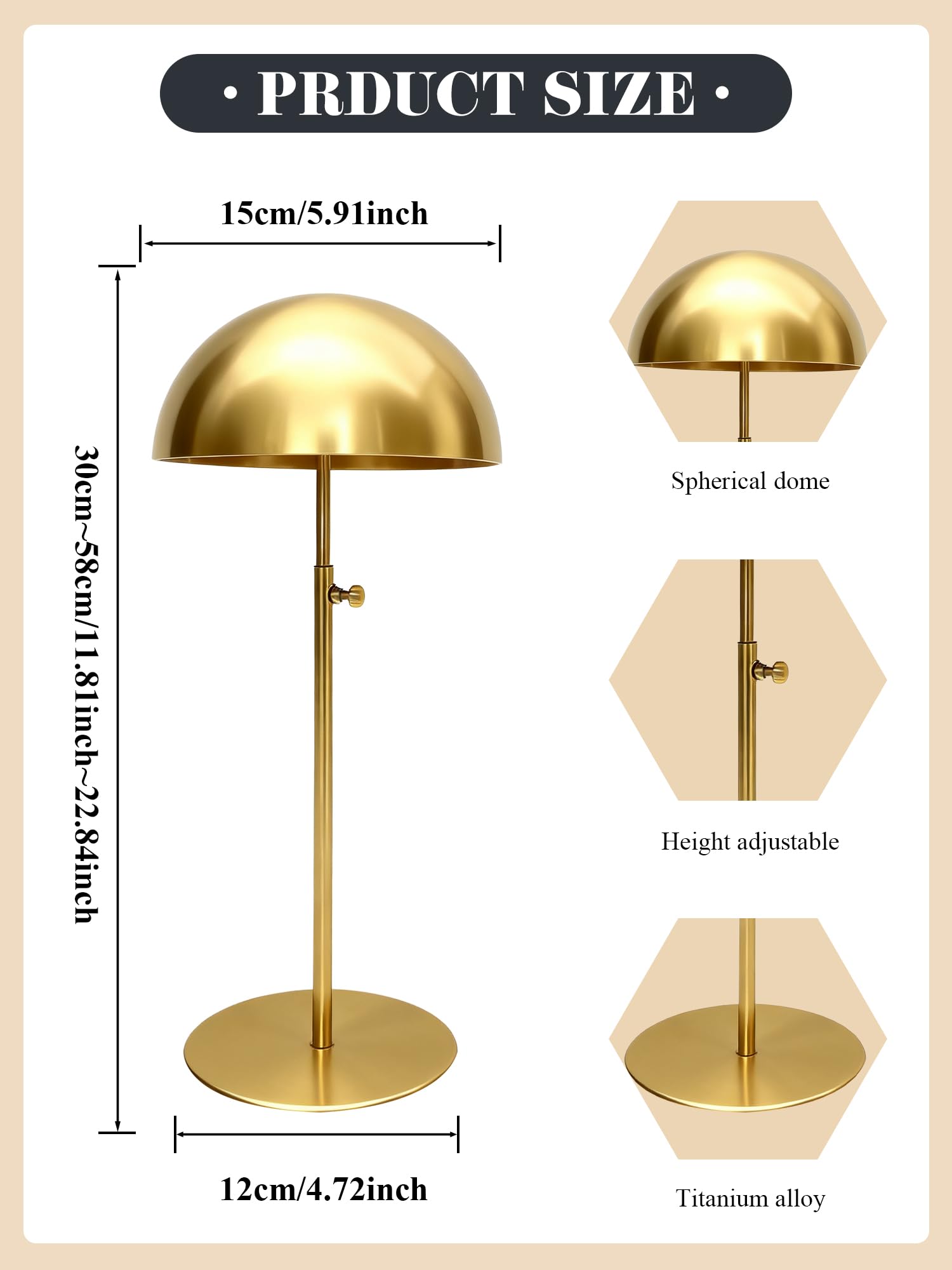 Espositore per cappelli in metallo in acciaio inossidabile dorato Supporto per cappelli da 30-55 cm regolabile in altezza a cupola con tesa, supporto per cappelli da cowboy, porta cappelli da