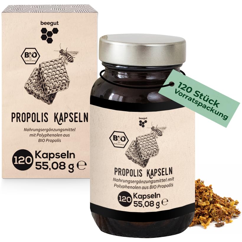 beegut BIO Propolis Kapseln, 120 Kapseln in pflanzlicher Kapselhülle mit BIO Propolis Extrakt, nachhaltige Verpackung