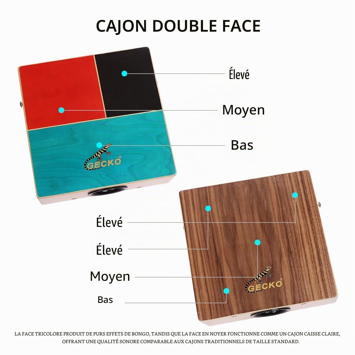 GECKO Cajon Cajon double face en bois avec sons de bongo et de cordes de guitare, percussion à main portable pour batteurs débutants et professionnels, bouleau et noyer, sac de transport inclus