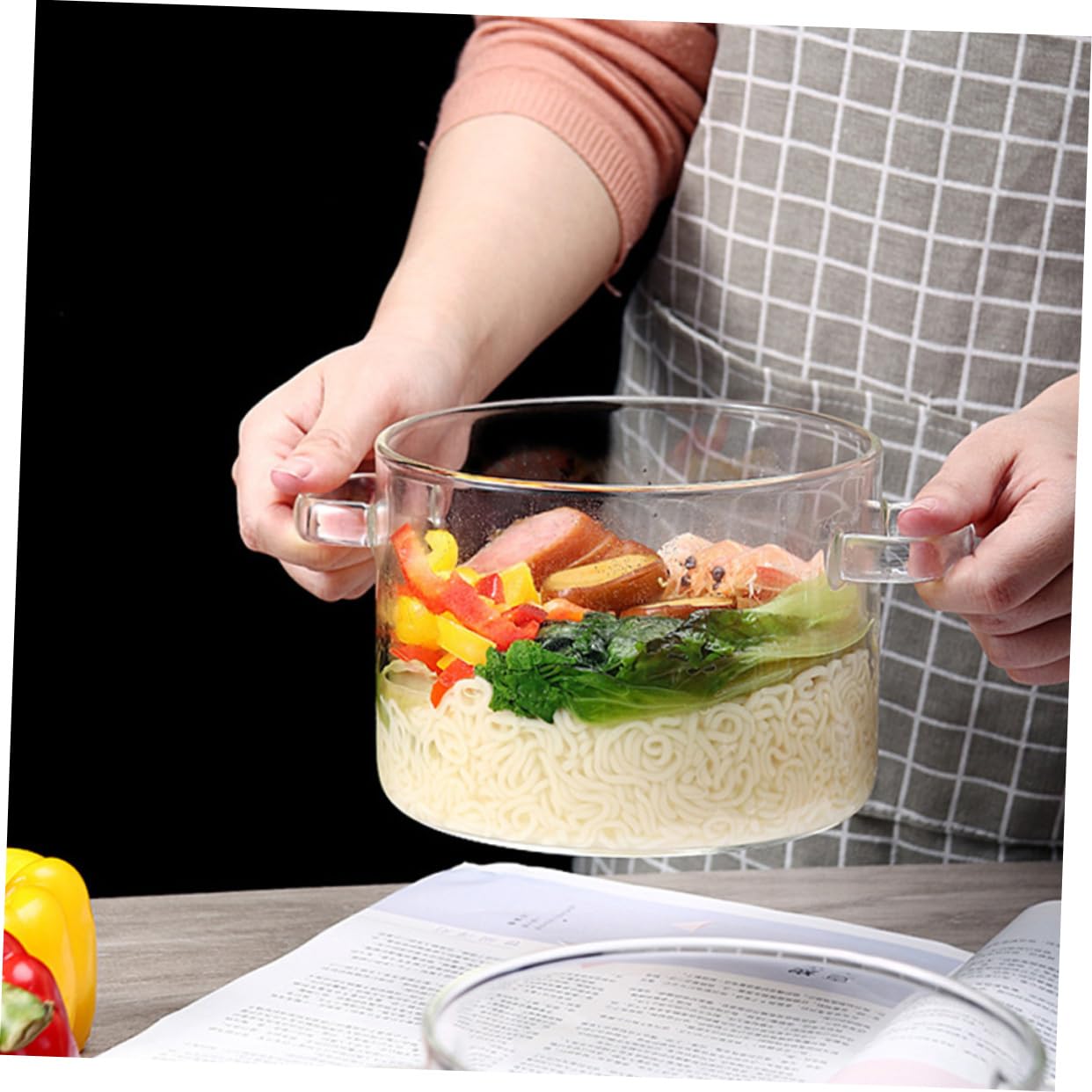 Bol De Vidrio Con Tapa Resistente Al Calor Para Sopa Ensalada Frutas y Fideos Apto Para Microondas y Fuego Directo Cocina Práctica y Saludable