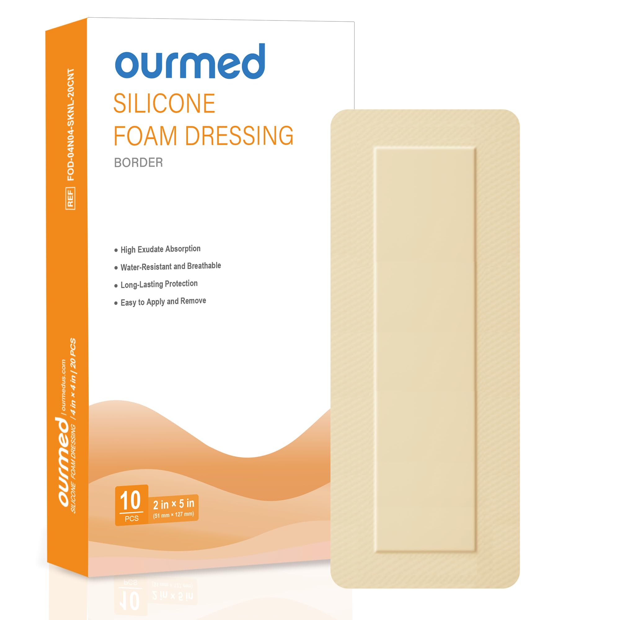 Ourmed Silicone Foam Dressings(2"x 5" - 10 Packs) with Tender Adhesive Border, Sterile Advanced Absorbent Bandage, Wound Care for Bed Sores, Pressure Ulcers, Foot Diabetic Ulcer