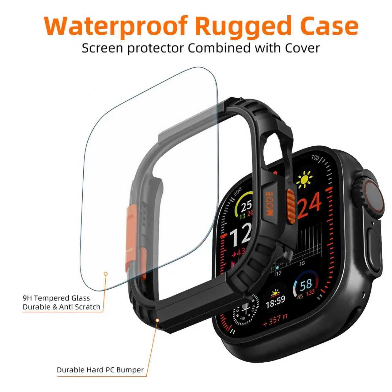 Custodia impermeabile robusta per Apple Watch 49 mm Ultra 3/2/1 con pellicola protettiva in vetro temperato, cover protettiva per iWatch 49 mm Starlight