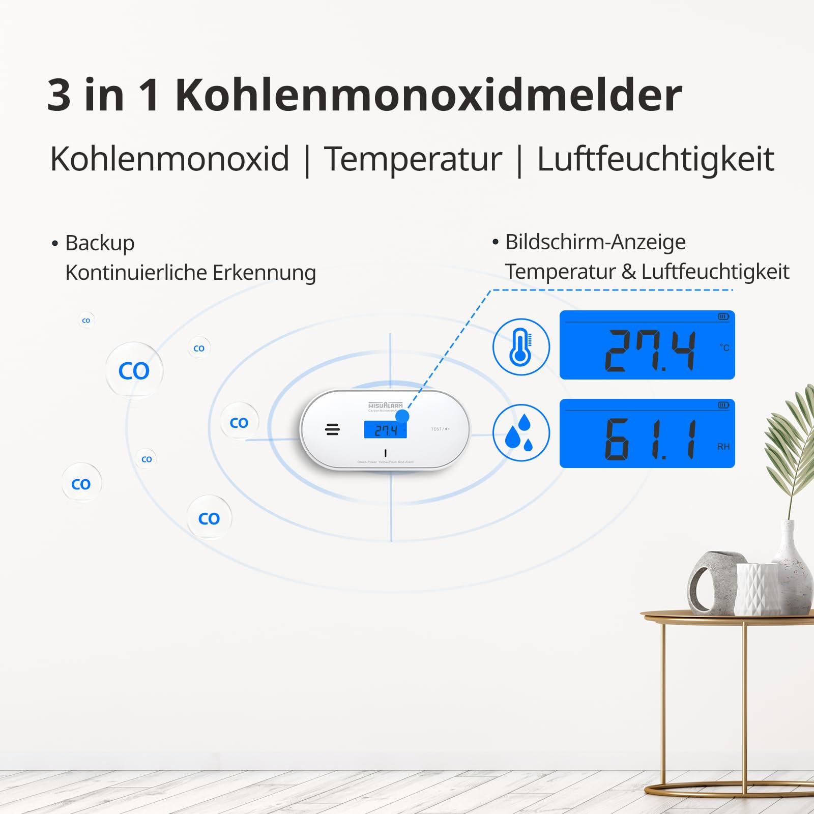 Kohlenmonoxid Melder, CO-Alarm, Temperatur- und Feuchtigkeitserkennung, 10 Jahre batteriebetrieben mit LCD-Display