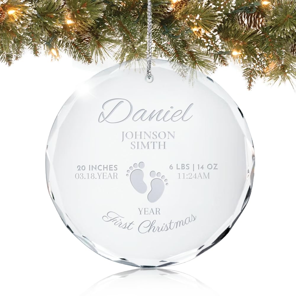 Personalized Baby's First Christmas Ornament 2025 | Fast 24h Customized, Laser Engraved Glass Girl Boy Baby Ornaments for Tree | Custom Footprints