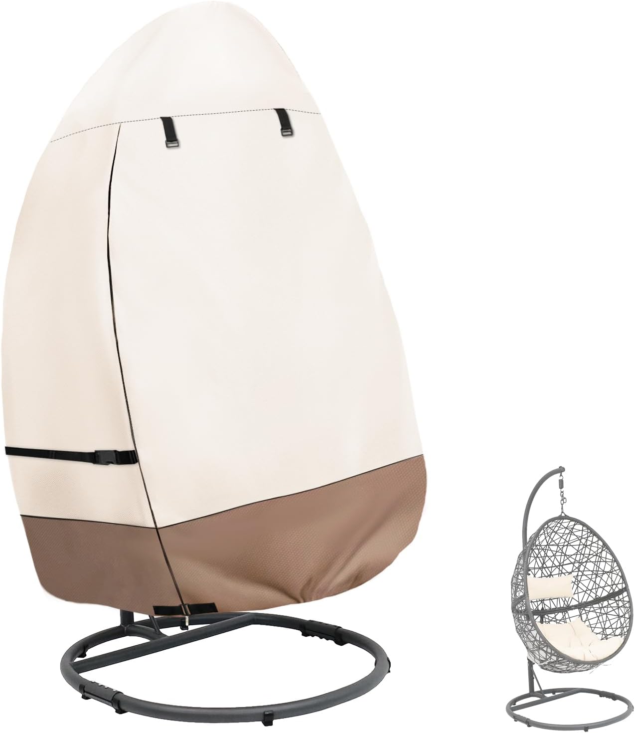 okcool Patio Hanging Egg Chair Cover, Waterproof Heavy Duty Outdoor Single Seat Swing Egg Chair with Stand Cover(Beige & Brown, Fits 45″W x 33″D x 68″H Egg Chair)